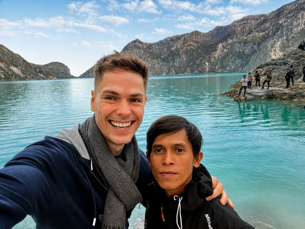 Traveler taking a selfie at the turquoise crater lake in Ijen